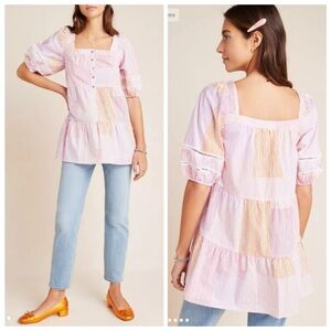 MAEVE Anthropologie Gable Tiered Striped Tunic Blouse Sz Small